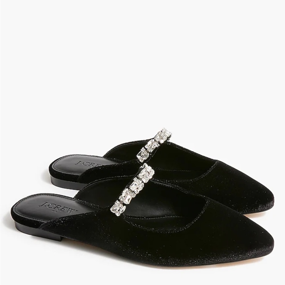 J.Crew Black Velvet Flats with Crystal Embellishment NIB
